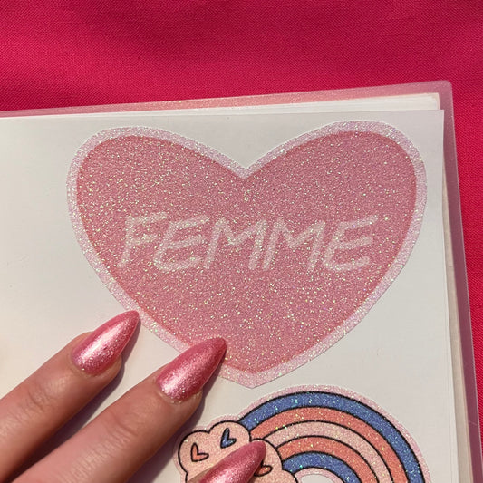 Pink Glitter "Femme" Heart Sticker